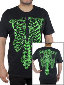 Man wearing black t-shirt with green ribcage and spine printed on it. In the bottom right hand corner is an inset photo showing the back of the shirt, with the back of the rib cage and spine.