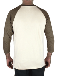 Back view of man wearing a Kaoru Betto baseball shirt, with olive green raglan sleeves, a beige body