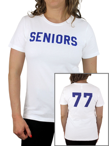 Woman wears white t-shirt with blue block letters that read seniors. in bottom right corner is inset photo of back of shirt that has the large number 77 on it.